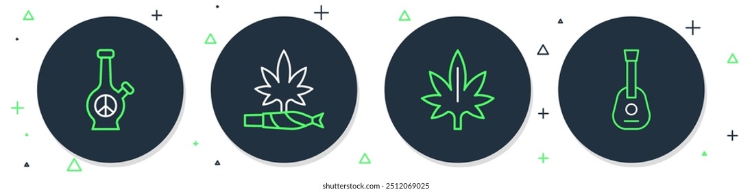 Conjunto de línea de marihuana, spliff, Bong y Guitarra icono. Vector