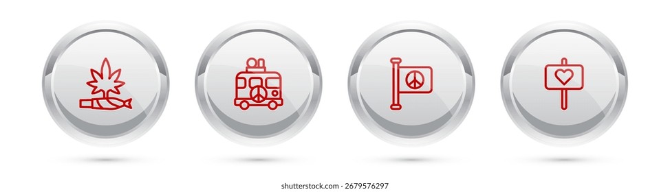 Set line Marijuana Joint, Spliff, Hippie Wohnmobil, Flag Frieden und Frieden. Silberner Kreis-Knopf. Vektorgrafik