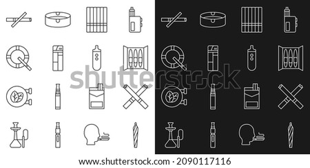 Set line Marijuana joint, spliff, Cigarette, Lighter, Ashtray with cigarette, No smoking and Electronic icon. Vector