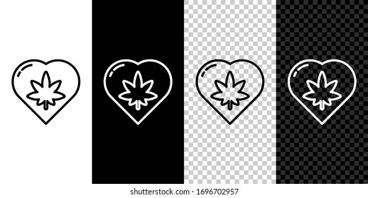 Set line Marijuana leaf in heart shape icon isolated on black and white background. Hemp symbol. Vector Illustration