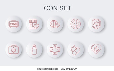 Set line Hoja de marihuana en corazón, Caja de marihuana, Legalize globe, Píldoras médicas con, Reloj despertador digital, botella, o aceite de oliva de cannabis e icono. Vector