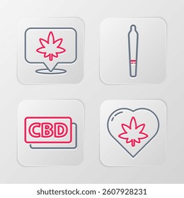 Set line Marijuana leaf in heart, Cannabis molecule, joint and Location and cannabis icon. Vector