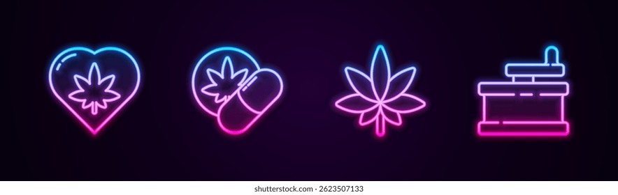 Set line Hoja de marihuana en corazón, pastillas de éxtasis de hierbas, o cannabis y amoladora manual. Icono de neón brillante. Vector