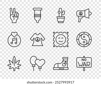 Marihuana, Sin guerra, Cactus, Globos, Símbolo de la paz, sello de impresión de vestido, Zapatillas de deporte y el icono de Yin Yang. Vector