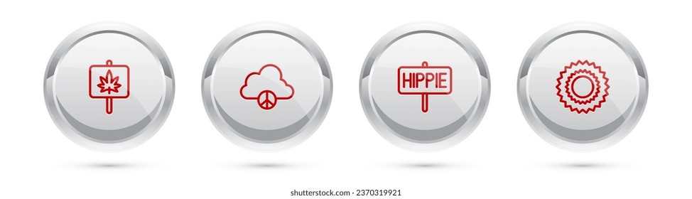 Set line Marijuana, Peace cloud,  and Sun. Silver circle button. Vector