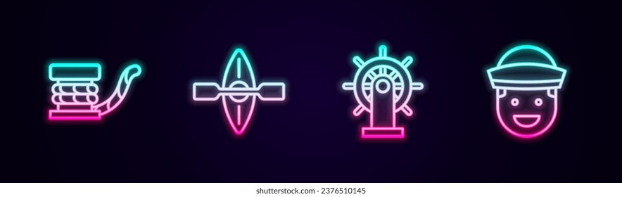 Set line Marine bollard with rope, Kayak and paddle, Ship steering wheel and Sailor. Glowing neon icon. Vector