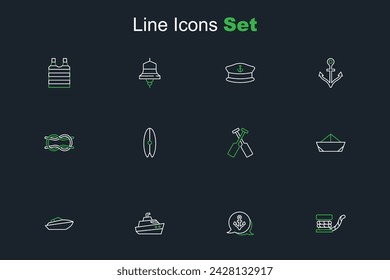 Set line Bolardo marino con cuerda, ancla, lancha, papel plegado, remos cruzados, tabla de surf y nudos náuticos icono. Vector