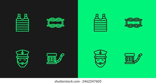 Set line Marine bollard with rope, Captain of ship, Striped sailor t-shirt and Nautical knots icon. Vector