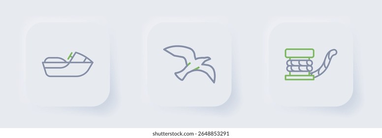 Set line Marine bollard with rope, Bird seagull and Jet ski icon. Vector