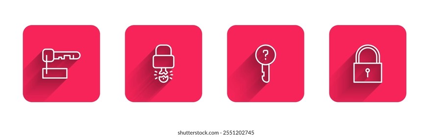 Set line Marked key, Key broke inside of padlock, Undefined and Lock with long shadow. Red square button. Vector