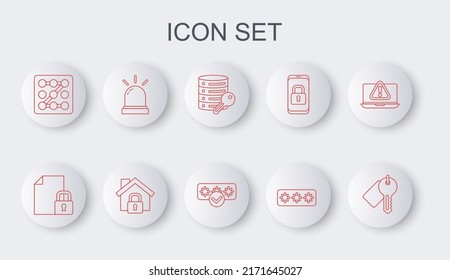 Set line Marked key, Document and lock, Server security with, Password protection, Graphic password, Motion sensor, House under and  icon. Vector