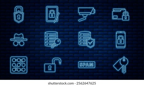 Set line Marked key, Mobile with closed padlock, Security camera, Server security, Incognito mode, Lock, shield and Tablet icon. Vector