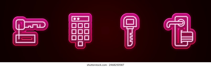 Set line Marked key, Password protection, Key and Digital door lock. Glowing neon icon. Vector