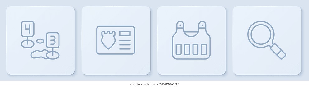 Set line Marker of crime scene, Bulletproof vest, Police badge with id case and Magnifying glass search. White square button. Vector