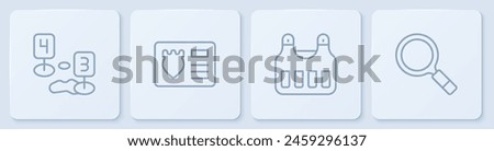 Set line Marker of crime scene, Bulletproof vest, Police badge with id case and Magnifying glass search. White square button. Vector