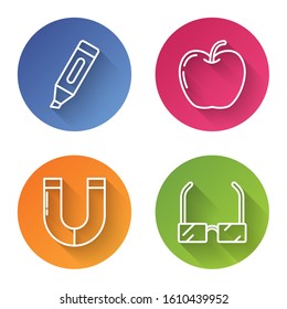 Set line Marker pen, Apple, Magnet and Glasses. Color circle button. Vector