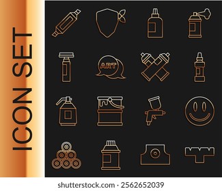 Set line Marker pen attachment, Smile face, Paint, gouache, jar, dye, Speech bubble with text art,  and spray can icon. Vector