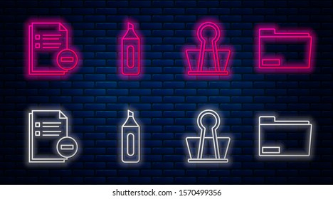 Set line Marker pen, Binder clip, Document with minus and Document folder. Glowing neon icon on brick wall. Vector