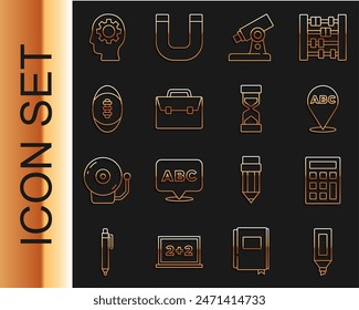 Set line Marker Stift, Taschenrechner, Alphabet, Mikroskop, Aktentasche, American Football, Kopf mit Ausrüstung innen und alte Sanduhr Sand-Ikone. Vektorgrafik