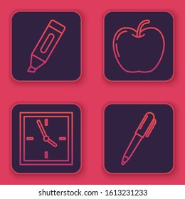 Set line Marker pen, Clock, Apple and Pen. Blue square button. Vector