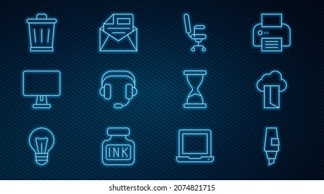 Set-Line Marker Stift, Cloud Datenbank, Bürostuhl, Kopfhörer, Computer-Monitor, Mülleimer, Alte Stundenglas und Mail-Symbol und E-Mail-Symbol. Vektorgrafik