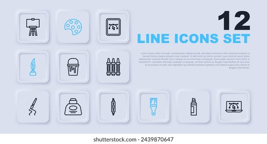 Set line Marker pen, Computer with design program, Paint bucket, brush, Feather and inkwell, Inkwell, Palette and  icon. Vector