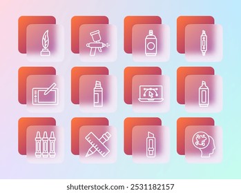 Set line Marker pen, Crossed ruler and pencil, Computer with design program, Stationery knife, Paint spray can, Feather inkwell and gun icon. Vector