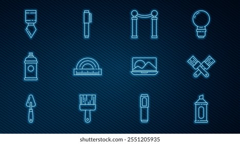 Set line Marker pen, Crossed paint brush, Exhibition of paintings, Protractor, Paint spray can, Palette knife, Laptop and Pen icon. Vector