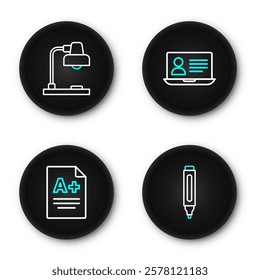 Set line Marker pen, Exam sheet with A plus grade, Online class and Table lamp icon. Vector