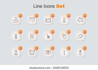 Set line Marker pen, Eyedropper color picker palette, Computer with design program, Paint bucket, Tube paint, Eraser rubber, spray and brush icon. Vector