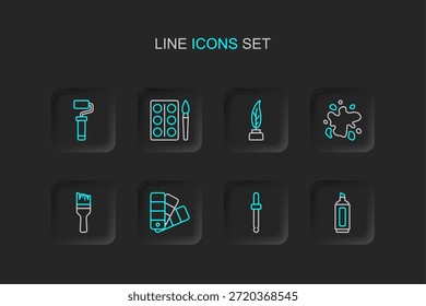 Set Linie Marker Stift, Pipette Farbwähler Palette, Farbführung, Pinsel, Spray, Feder und Tintenfass, Aquarell Farben Box und Rollensymbol. Vektorgrafik