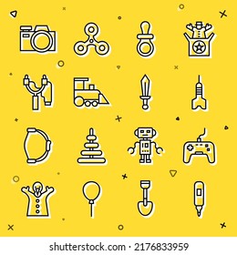Set Line Marker Stift, Gamepad, Dart Pfeil, Baby-Dummy-Pazifik, Spielzeugzug, Slingshot, Foto-Kamera und Schwert-Spielzeug-Symbol. Vektorgrafik