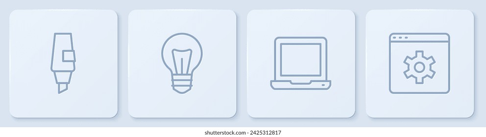 Establecer línea Marcador de pluma, portátil, bombilla y configuración del navegador. Botón cuadrado blanco. Vector