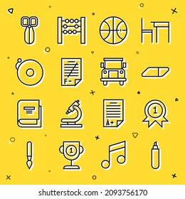 Set line Marker pen, Medal, Eraser or rubber, Basketball ball, Exam paper with incorrect answers, Ringing alarm bell, Scissors and School Bus icon. Vector