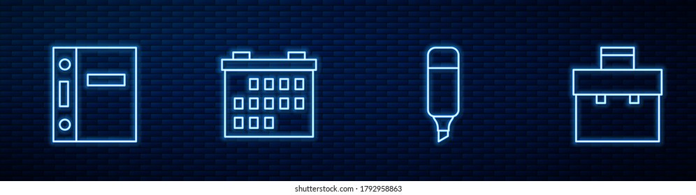 Set line Marker pen, Office folders, Calendar and Briefcase. Glowing neon icon on brick wall. Vector