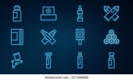 Set line Marker pen, Paint spray can, Spiral notebook, Paint, gouache, jar, dye, Spray nozzle cap and  icon. Vector