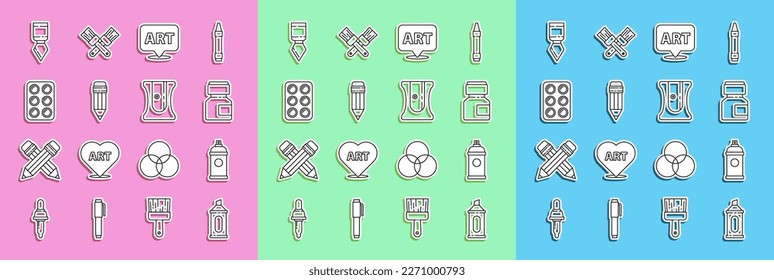 Set line Marker pen, Paint spray can, Paint, gouache, jar, dye, Speech bubble with text art, Pencil eraser, Watercolor paints box, Palette knife and sharpener icon. Vector