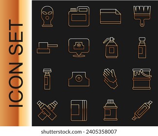 Fijar la pluma de marcador de línea, cubo de pintura, adhesivo de papel, tapa de boquilla de la cubierta de la barra de aerosol, icono de balaclava y pistola de spray. Vector