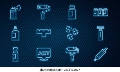 Set line Marker pen, Paint, gouache, jar, dye, attachment, spray can,  and roller brush icon. Vector
