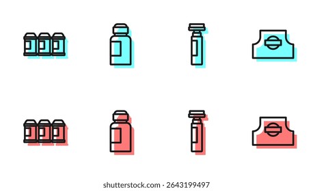 Set line Marker pen, Paint spray can, Paint, gouache, jar, dye and Spray nozzle cap icon. Vector