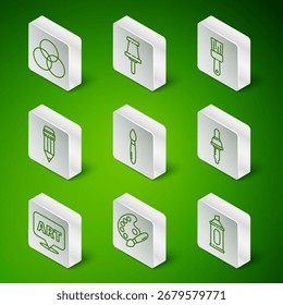 Set line Marker pen, Paint brush with palette, RGB and CMYK color mixing, Pencil eraser, Push pin, Speech bubble text art and Pipette icon. Vector