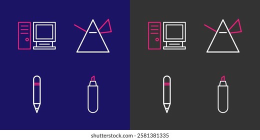 Set line Marker pen, Pencil with eraser, Light rays in prism and Computer monitor icon. Vector