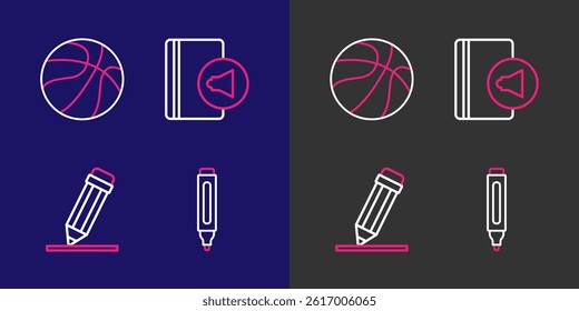 Set line Marker pen, Pencil with eraser, Audio book and Basketball ball icon. Vector