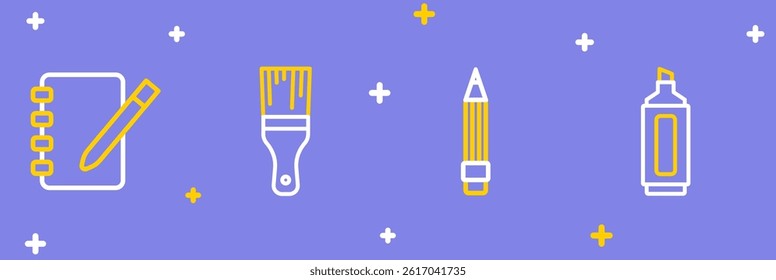 Set line Marker pen, Pencil with eraser, Paint brush and Notebook icon. Vector