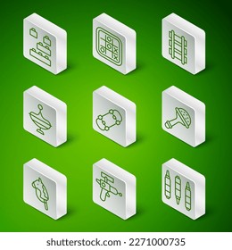 Set line Marker pen, Ray gun, Toy building block bricks, Skateboard, Whirligig toy, Tic tac toe game, horse and Rattle baby icon. Vector