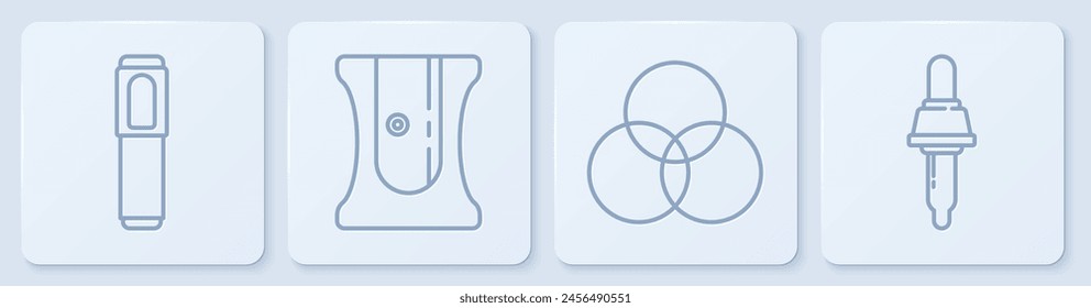 Set line Marker pen, RGB and CMYK color mixing, Pencil sharpener and Pipette. White square button. Vector