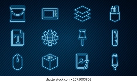 Set line Marker pen, Ruler, Layers, Globe of the Earth and gear, Text file document, Paint bucket, Push pin and Graphic tablet icon. Vector