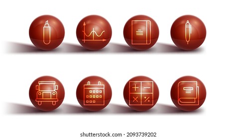 Set line Marker pen, School Bus, Pen, Calculator, Calendar, Graph, schedule, chart, diagram, Book and Spiral notebook icon. Vector