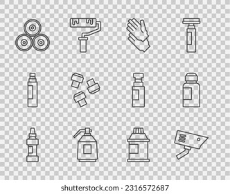 Set line Marker pen, Security camera, Rubber gloves, Paint spray gun, can, attachment, Paint, gouache, jar, dye and  icon. Vector