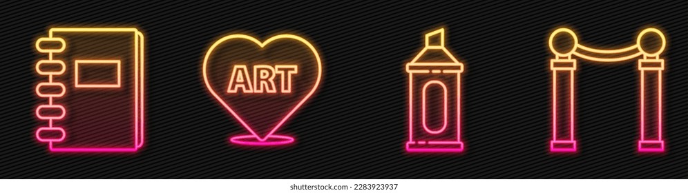 Set line Marker pen, Spiral notebook, Heart with text art and Exhibition of paintings. Glowing neon icon. Vector